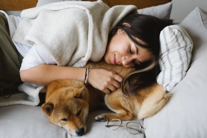 sieste calin avec chien sur canapé