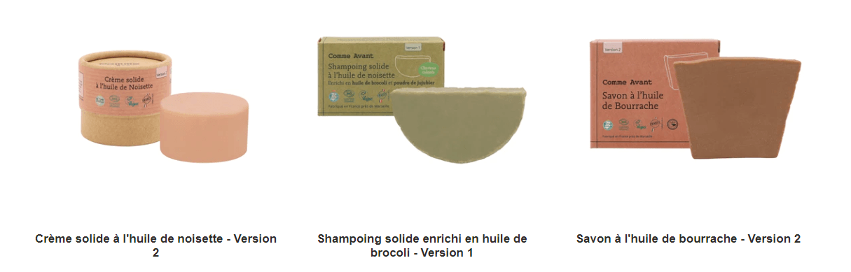 Savon huile de bourrache, crème solide noisette, shampooing solide